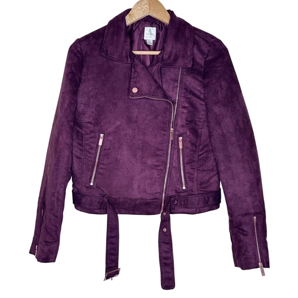 LC Lauren Conrad Faux Suede Size 8 Moto Jacket Belted Waist Rose Zipper Accents